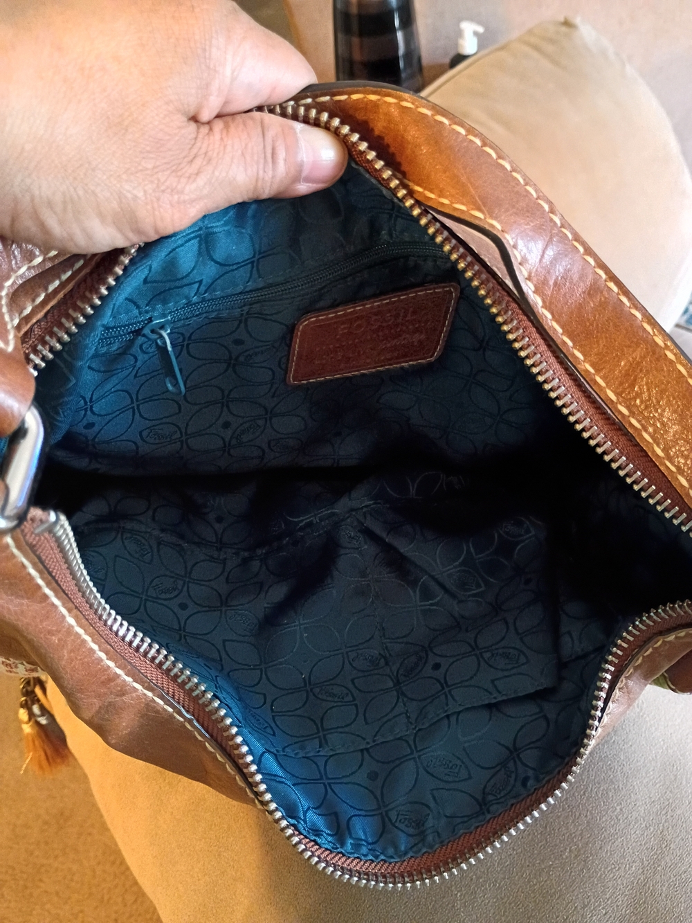 Fossil Brown Leather Shoulder Bag with Teal Lining